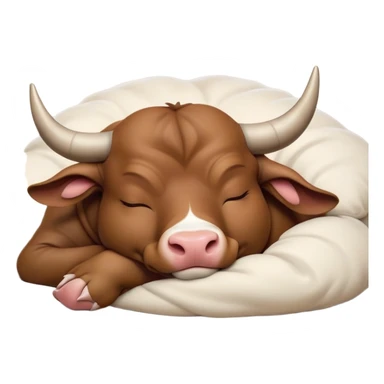 meme-worthy-cute-sleeping-domestic-bull-portrait-emoji,-head-resting-peacefully-with-a-contented-smile,-showcasing-a-robust,-muscular-build-and-a-luxuriously-soft-coat,-eyes-gently-closed-in-serene,-restful-slumber,-simplified,-solid-brown sticker
