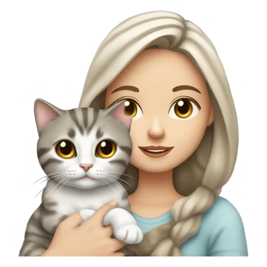Long Dark brown haired white girl with hazel eyes holding gray tabby cat sticker