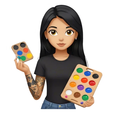 A girl with long black hair and hazel eyes and black tattoos on right arm holding a paint palette  wearing black shirt sticker