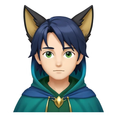 anime man with straight long dark-blue-black-gradient hair, long black fox ears, hazel-gradient-brown-turquoise eyes, gold earring, dark-blue-sweater, green cape,  sticker