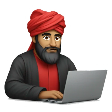 A caliph with turban and red clothes writing in a laptop sticker