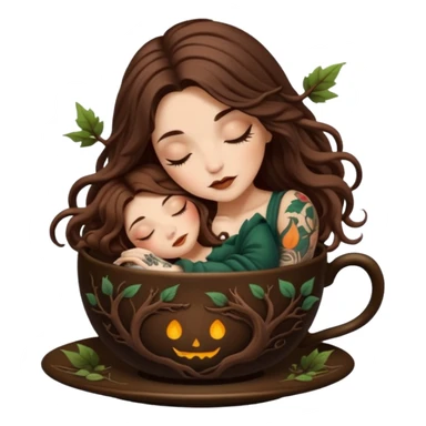 cute forest witch woman long wavy brown hair tattoos sleeping inside teacup sticker