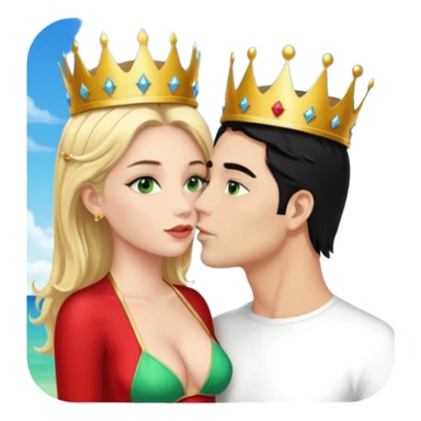 Blonde Queen with crownGreen eyes in Bikini kissing Male subject without crown black hair blue eyes Background sky sticker