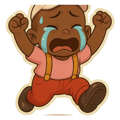 Memín Pinguín jumping and crying with big tears and a sad expression in chibi stickers style, transparent background. sticker