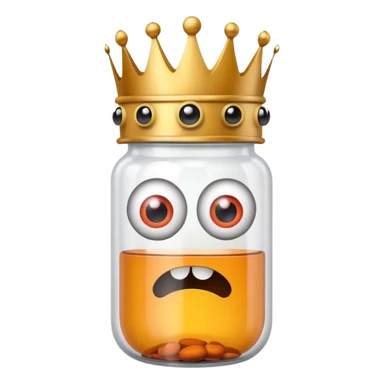 Pill bottle with scary eyes wearing a crown sticker