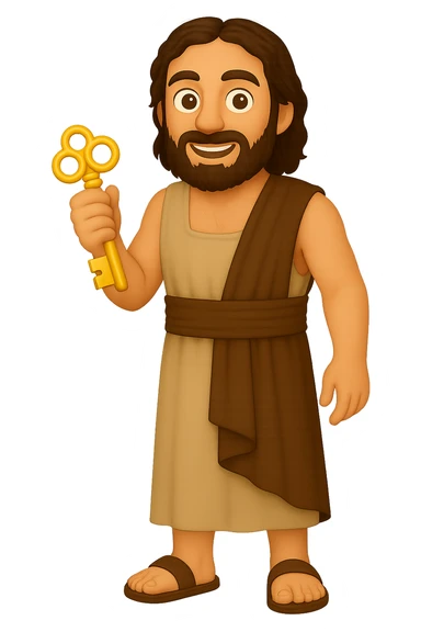 Make the shirt sleeveless like in 'The Chosen' show, keep plain robes, fullbody apostle Peter, high detail, emoji style, holding keys, detailed beard, standing pose, no background. sticker