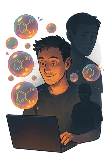 a man sits in front of a glowing screen, with colorful, artificial-looking dopamine molecules floating around his head like soap bubbles. Some bubbles pop and disappear quickly, symbolizing fleeting pleasure. In the background, a shadowy version of the man looks unsatisfied or empty, highlighting the temporary nature of the gratification. sticker