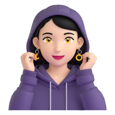 person with military cut black hair, brown eyes, wearing 2 circle earrings and a black hoodie with a smiley face sticker