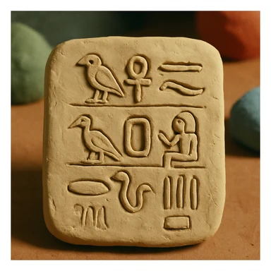 a clay tablet with ancient Egyptian hieroglyphics, realistic texture, ancient artifact, visible carved symbols sticker