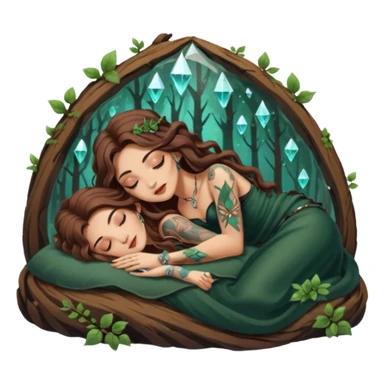 cute forest witch woman long wavy brown hair tattoos napping on crystal sticker