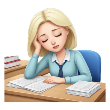 Exhausted female teacher napping at classroom desk with papers sticker