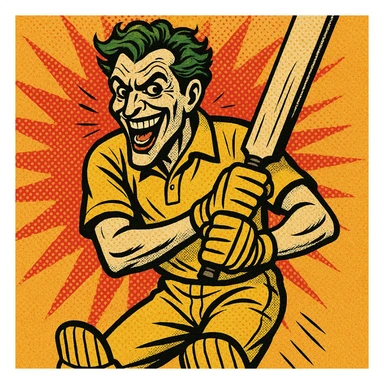 joker with green hair, yellow cricket uniform, ready to bat, comic book style sticker