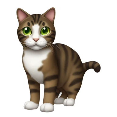 Realistic dark brown tabby cat with white chin, white chest, and green eyes sticker