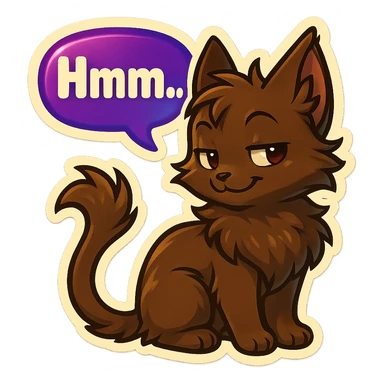 a dark-brown fluffy cute kawaii anime cat with tufted ears and a long thin tufted tail, thinking, smirking thoughtfully, saying “Hmm..” with a purple speech bubble, (cartoon style) (cute anime style) (furry style) (deviantArt style) (artist style: Kamirah) sticker