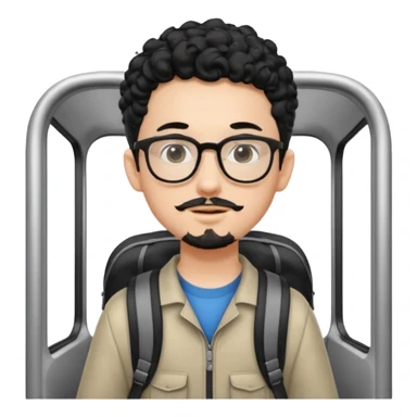 A young boy DEVELOPER WITH A backpack, black curly short hair, wearing glasses, a thin goatee, his skin is white, riding a scholar bus sticker