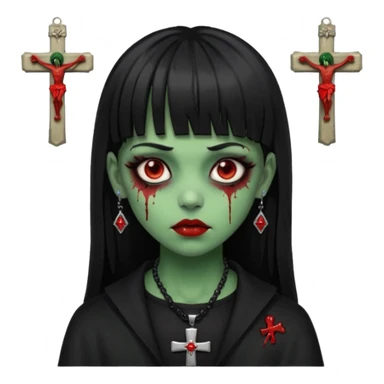 zumbi verde com olhos vermelhos sangrando e franja roupa preta e um crucifixo como colar, sem ser na testa e um piercing no nariz bem feminino a franja reta também  sticker