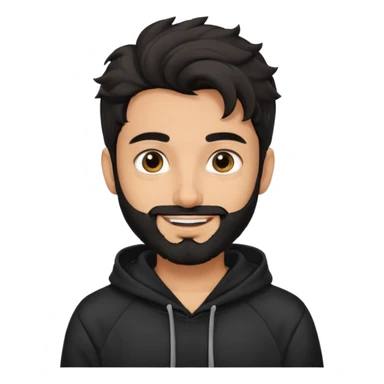 young fair skin pakistani guy smiling with black beard, wavy hair pushed back and brown eyes and thick eyebrows wearing black hoodie sticker