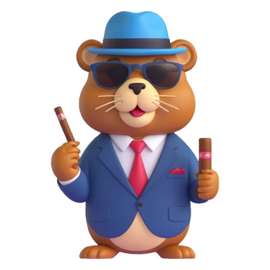 3D emoji style beaver with sunglasses, pinstripe suit, and cigar, gangster vibe sticker