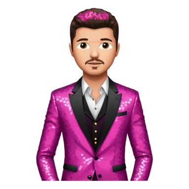 Robin Thicke with dark brown hair, dark pink sequin suit jacket, light skin sticker