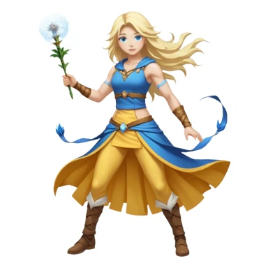 full body woman long blonde hair blue eyes white skin muscular build dandelion wind summoner sticker