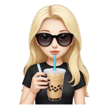 Blonde girl with pale skin and long hair with black sunglasses in black shirt and boba tea sticker