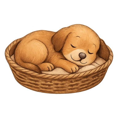 cozy dog sleeping in a basket, peaceful sticker