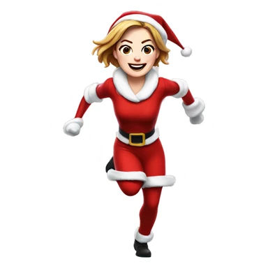 Emma Stone running emoji, with a large stride and arms outstretched, in a santa costume sticker