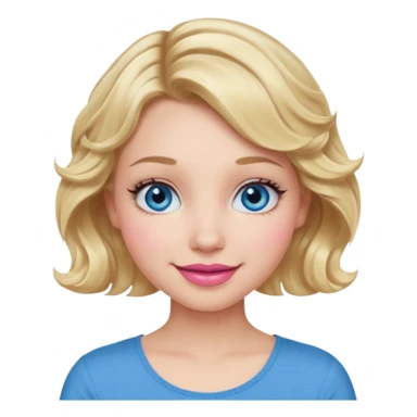 Girl Blonde short wavy hair,  blue eyes, cute blue top, long lashes, pink lips, 👄 smiling  sticker