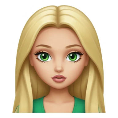 pretty bratz baddie, long blonde straight hair, pretty makeup, long lashes, green ey sticker