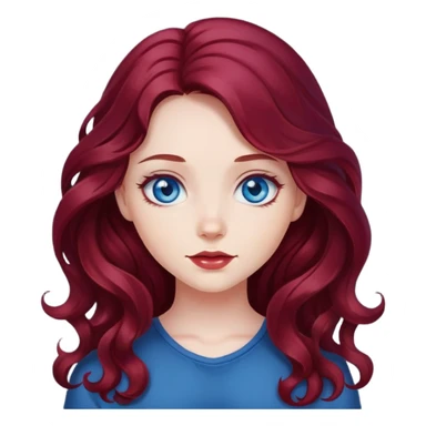 dark cherry red hair, wavy hair, long hair, blue eyes, cute girl sticker
