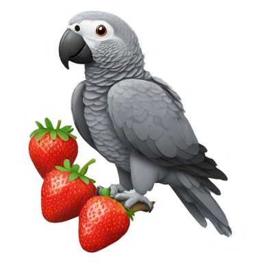 African grey parrot eating a red strawberry sticker