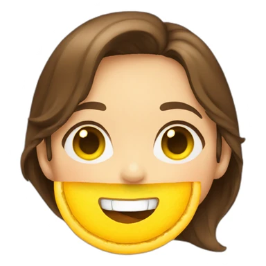 a girl, with brown hair, with yellow crisps instead of her 2 front tooth sticker