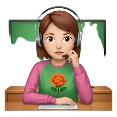 woman, brown hair, middle european, wearing a headset and rose sweatshirt. sitting in the office. she is controling limits on screen: green = ok, orange = bald überschritten, re = limite überschritten sticker