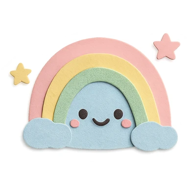 kawaii gentle rainbow arc, tiny star companions, soft pastel colors, no limbs, full body, paper craft style sticker
