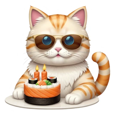 cool cat wearing sunglasses eating a birthday cake made out of sushi sticker