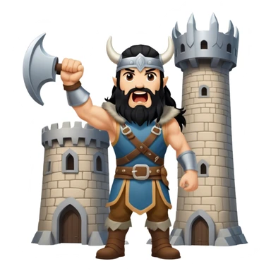 vikingo con armadura de Asgard, pelo negro ondulado, de pie, grito de guerra en torre de Asgard. sticker