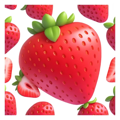 Red whole and sliced strawberry in iOS 3D style with bright colors, soft shadows, glossy highlights, realistic 3D form, smooth gradients, modern look, no background. sticker