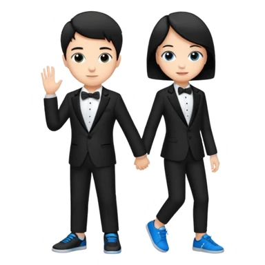 generate a pretty bratz fair skinned boy with short black hair wearing a black tux with blue sneakers with a girl sticker