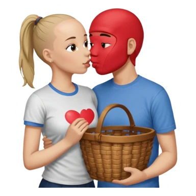 Bald boy with basket t-shirt kissing a brunette girl who has a ponytail sticker