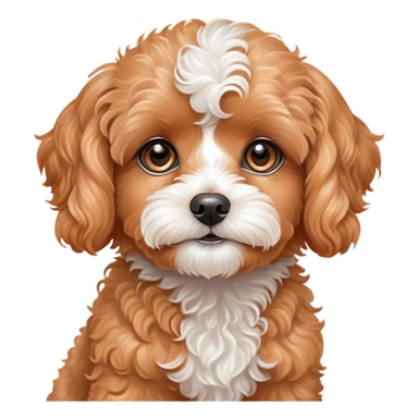 Cinematic Cute Apricot Cavoodle Portrait Emoji, Head tilted playfully and inquisitively, with a fluffy curly apricot coat adorned with subtle white patches, round, sparkling brown eyes filled with curiosity, Simplified yet irresistibly adorable features, highly detailed, glowing with a warm, friendly glow, high shine, affectionate and lively, stylized with a touch of whimsy, bright and endearing, soft glowing outline, capturing the essence of a mischievous yet loving companion, so playful it feels like it could bound out of the screen and into your arms! sticker
