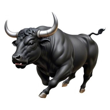 ​Cinematic Realistic Black Charging Bull, depicted in mid-charge with a powerful, muscular form and glossy black hide glistening under dynamic dramatic lighting, dust and motion captured mid-air to exude raw strength and unbridled energy on an expansive arena, sticker