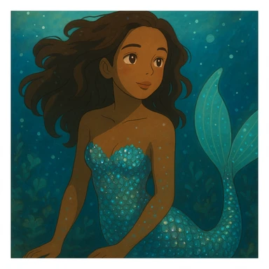 close-up of a mermaid with brown skin, sparkling iridescent scales, dreamy underwater background, ghibli style sticker