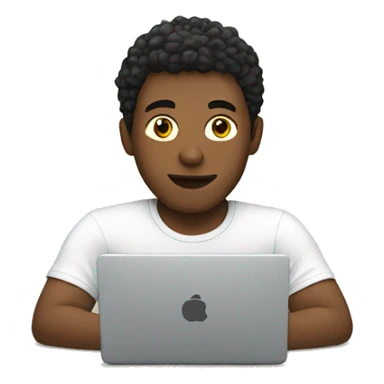 A white young man is sitting at a laptop in a T-shirt sticker