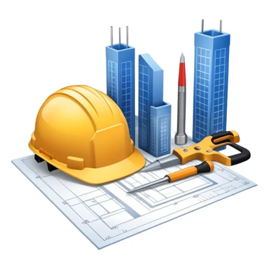 An icon featuring a blueprint, a hard hat, and construction tools, symbolizing architecture and construction. The design includes a ruler, building materials, and a skyscraper, representing the design and building process. Transparent background highlights the art and science of creating structures. sticker