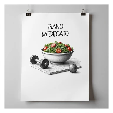 white sheet of paper with the text 'PIANO MODIFICATO', a hyperrealistic 4K drawing of a salad bowl and gym dumbbells, no background sticker