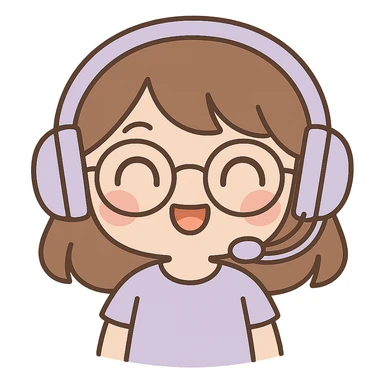 Edit the image to depict a female brunette with glasses and a purple gaming headset in chibi style, with a happy facial expression. Keep the background transparent. sticker