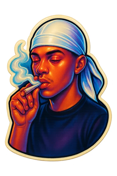 Red eyes lids
Smoking weed
Change His durag To white sticker