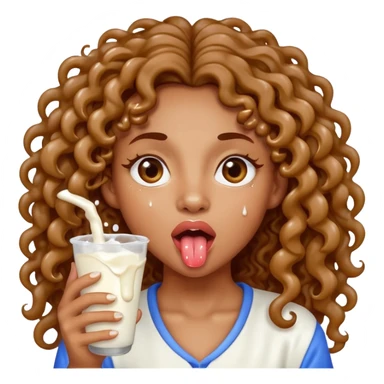 a mixed girl with long curly hair sticking her tongue out with milk drops dripping from tongue sticker