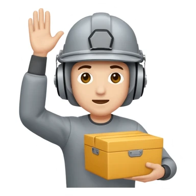 Tengo que dar una capacitacion de orgonomia, necesito un emoji de un operario con casco blanco y buzo gris de manga larga que levante una caja cerrada con las dos manos a la altura de los hombros y que tenga cara de esfuerzo fisico sticker