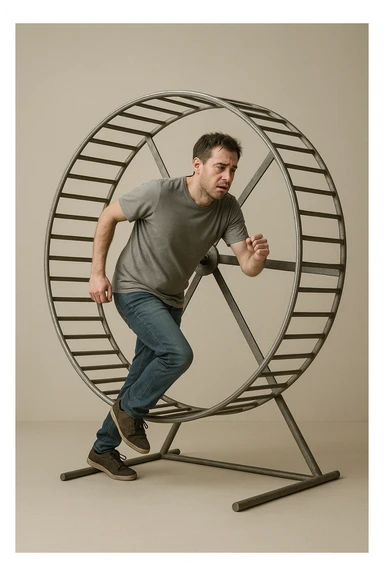 uomo che corre dentro la ruota del criceto come un circolo vizioso immagine realistica sticker